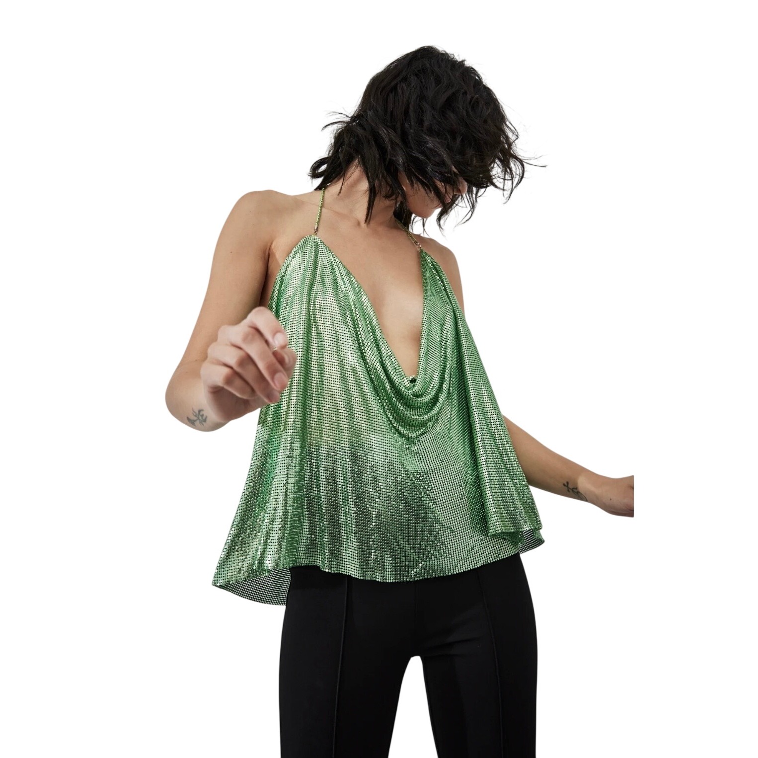 Et Ochs Minka Metallic Halter Top Green Liquid Metal Draped Festival Size S